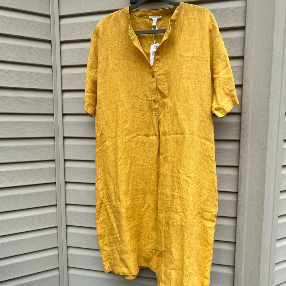 Eileen Fischer dress 100% organic Linen size Large dress mustard MSRP 215 L nwt